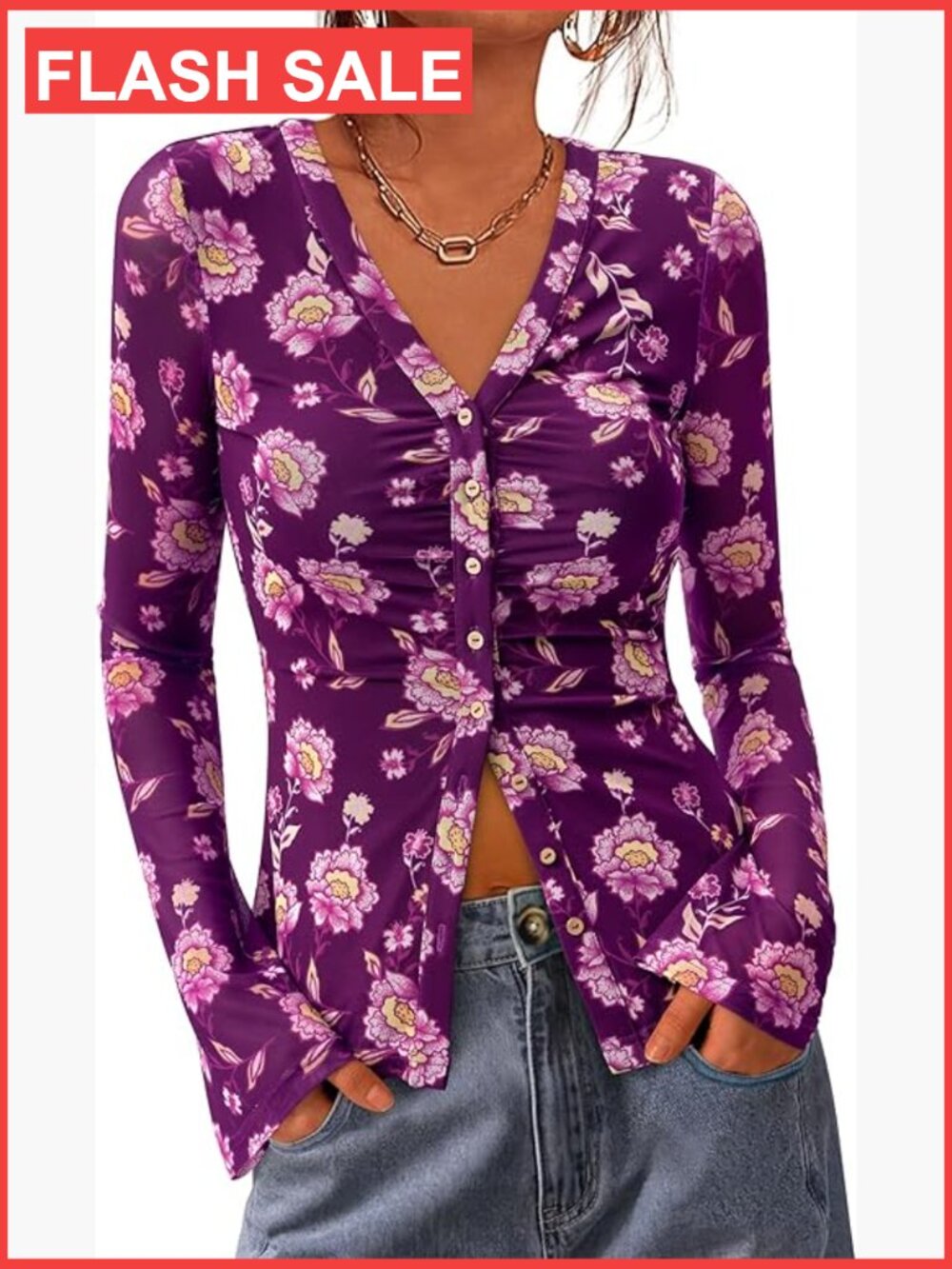 V Neck Long Sleeve Button Down Blouse Ruched Mesh Fitted Boho Top